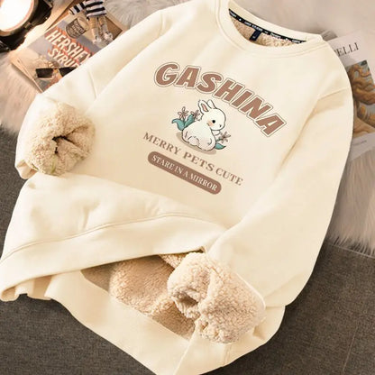 EVNISI Autumn Winter Women Lambswool Thicken Thermal Sweatshirts Printed Cute Fleece Warm Hoodies Women Casual Loose Sweatshirts