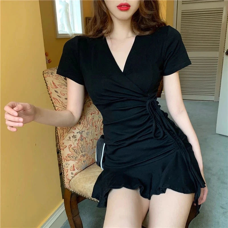 MEXZT Y2K Summer Dress Women Sexy V Neck Folds Ruffles Trumpet Mini Dress Female Fashion Party Short Sleeve Chic Slim Vestidos