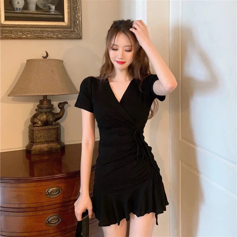 MEXZT Y2K Summer Dress Women Sexy V Neck Folds Ruffles Trumpet Mini Dress Female Fashion Party Short Sleeve Chic Slim Vestidos