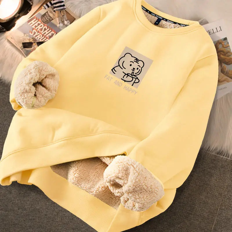 EVNISI Autumn Winter Women Lambswool Thicken Thermal Sweatshirts Printed Cute Fleece Warm Hoodies Women Casual Loose Sweatshirts